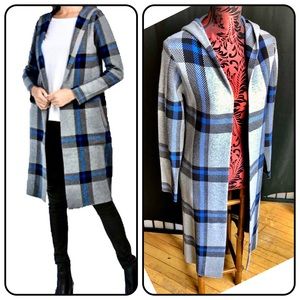 NEW!! •Max Studio Double Knit Gray Plaid Duster Cardigan W/ Hood & Pockets XS